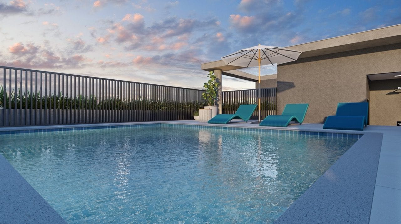 Terraço do garden com piscina privativa ao entardecer em Águas Claras